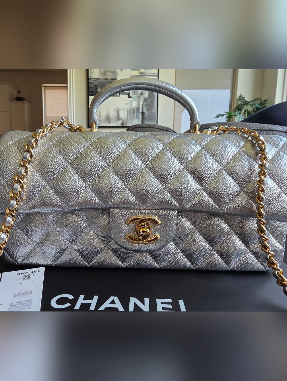 Chanel 26A Metallic Silver Quilted Top-Handle Shoulder Bag GHW